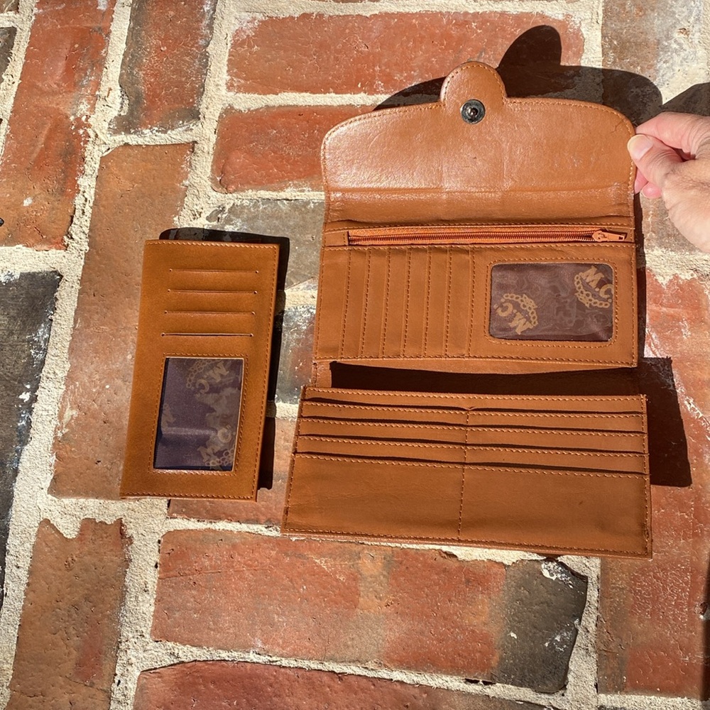 M.C. Floral Tooled Leather Wallet with Turquoise rhinestones & beads - Picture 4 of 16